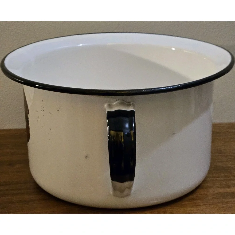 Vintage Lisk Flintstone Enamelware Farmhouse Chamber Pot Black Trim With Handle